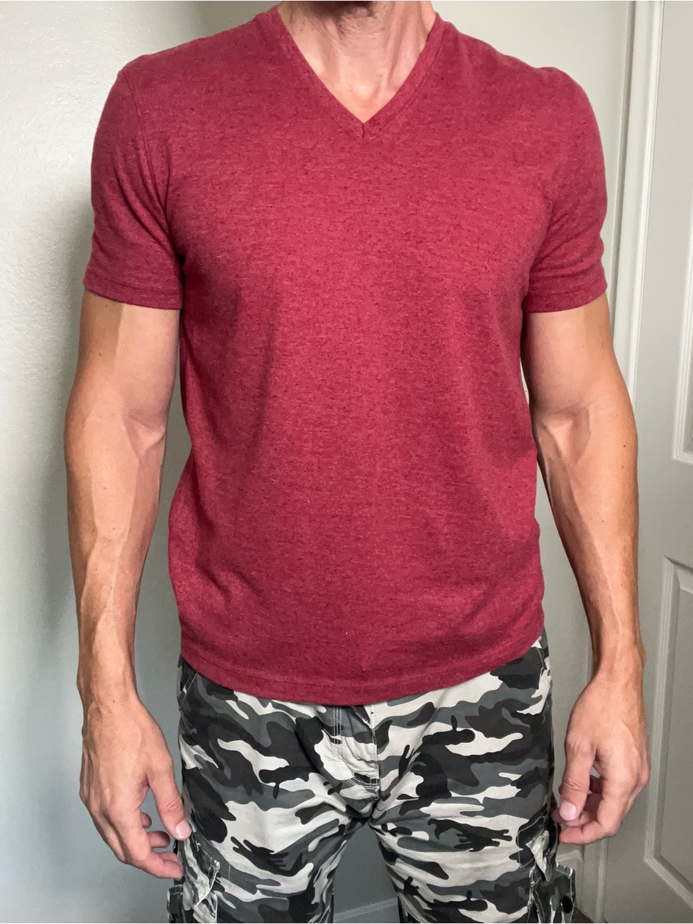 John Varvatos Heathered Red V-Neck Short Sleeve Shirt